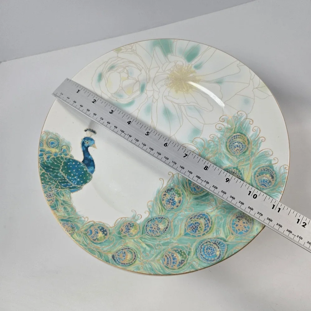 222 Fifth Lakshmi Dinner Plates Set of 6 White Teal Gold Peacock Fine China 11in
